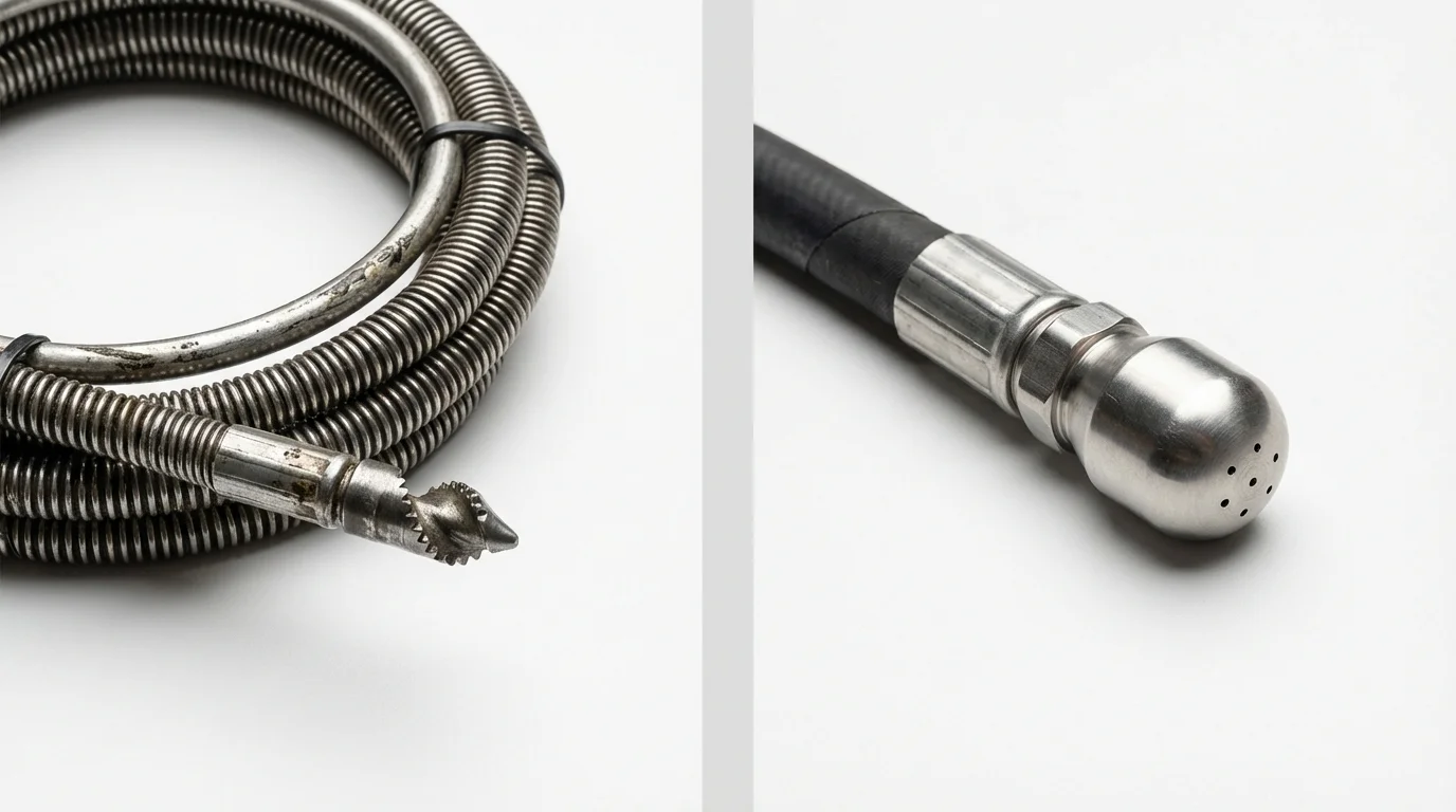 Drain snake cable and hydro jetting nozzle used for drain cleaning in Highland, IL