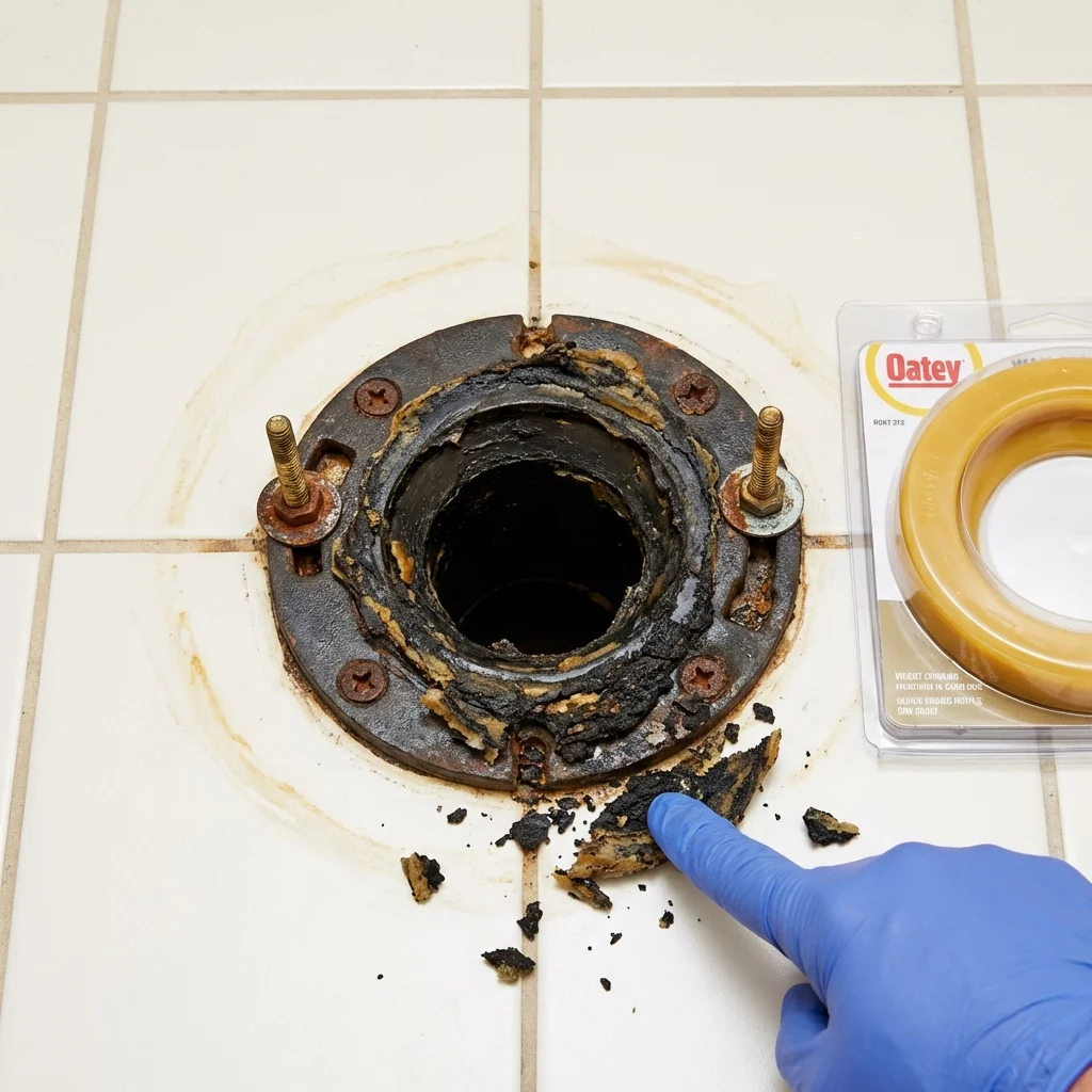 Failed wax ring showing water seepage at the base of a toilet in a Highland, IL home