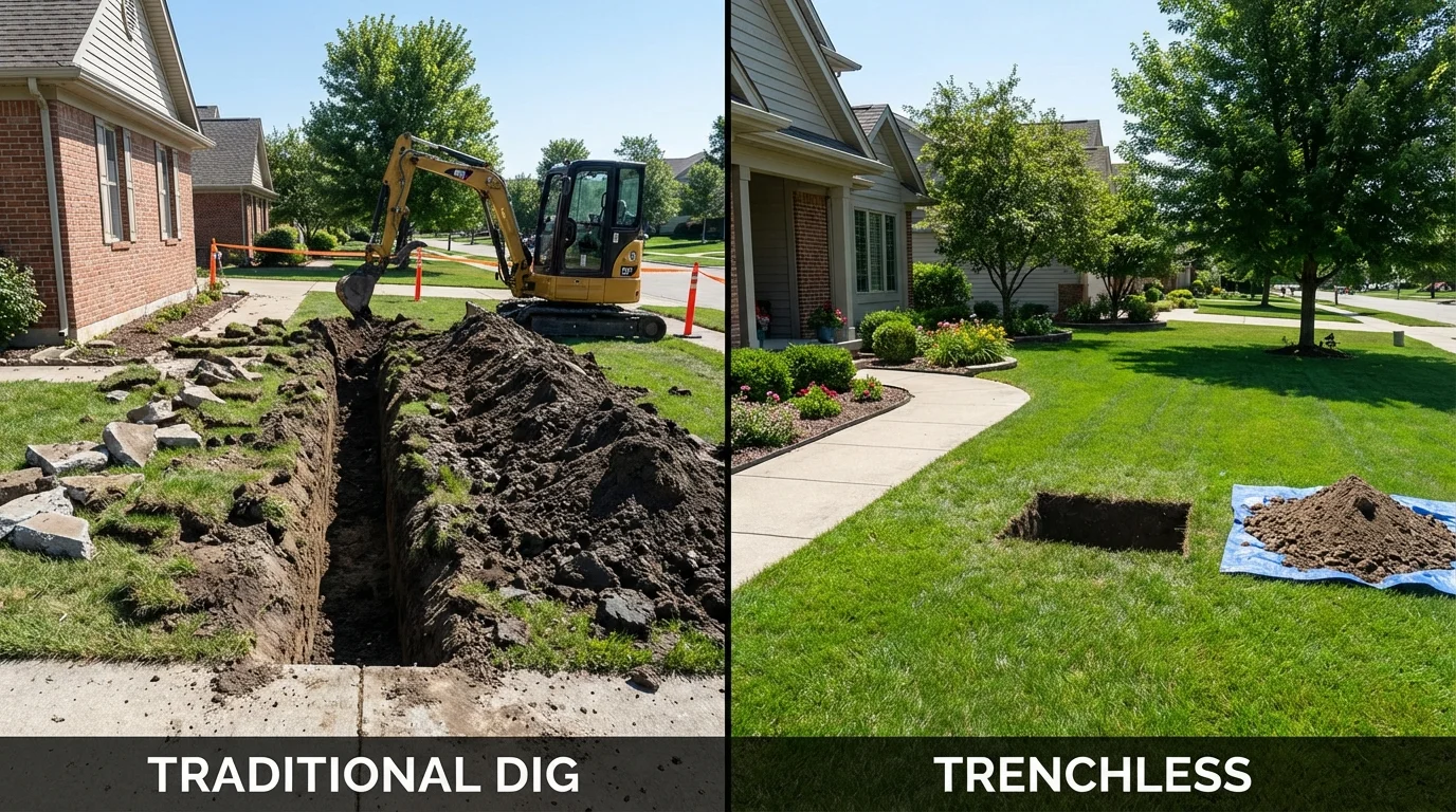 Trenchless sewer repair with minimal yard damage versus traditional excavation in Highland, IL