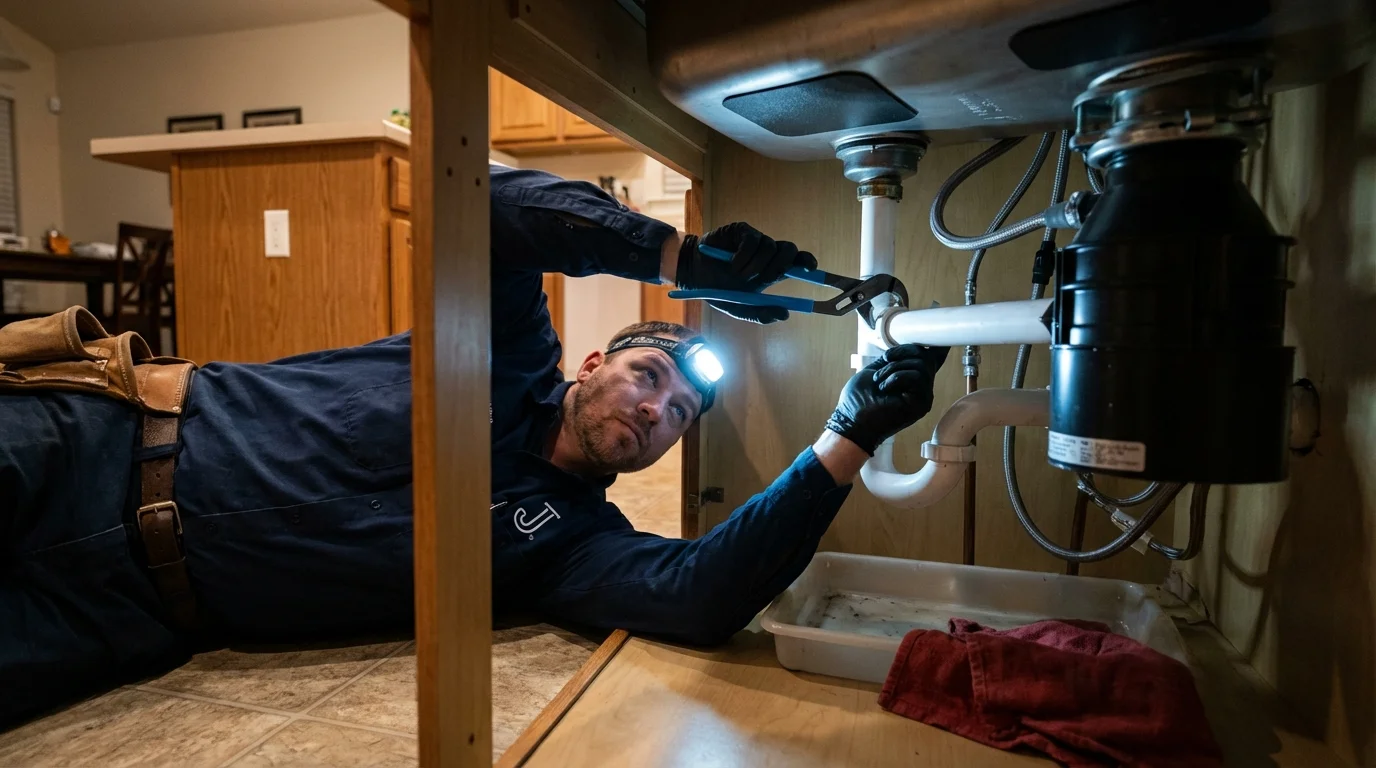 P-trap and supply line connections under a kitchen sink showing a common leak point in Highland, IL